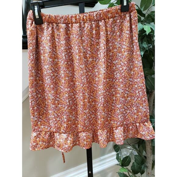 Moa Moa Straight & Pencil Skirt Womens Orange Floral Elastic Waist Ruffle Trim M - Picture 2 of 10